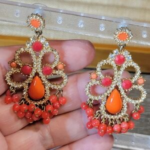 Gold Tone Coral and Orange Cabochon Beaded Chandelier Earrings Pierced Posts